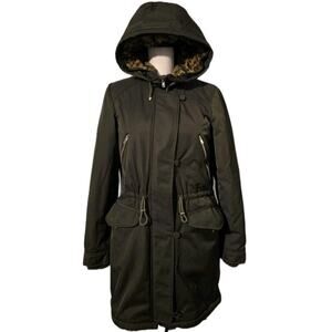 Zara Trafaluc Womens Khaki Parka Jacket/Winter Coat Faux Fur Hooded Lined Sz SM